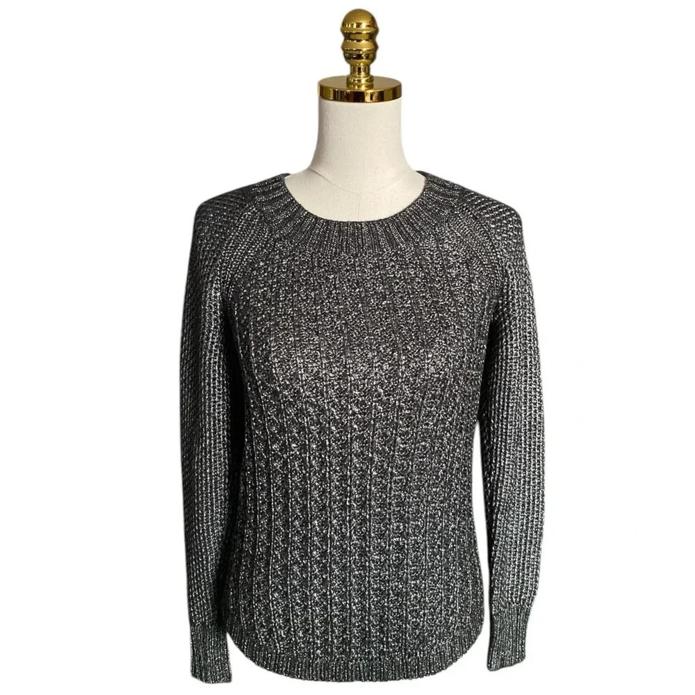 CALVIN KLEIN | Women’s Scoop Neck Textured Metallic Knit Sweater Dark Grey Sz S
